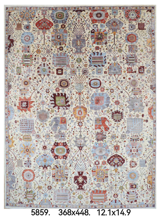 368 x 448 cm | large Serapi Beige Area Rug Afghan Hand Knotted Veg Dye Wool carpet