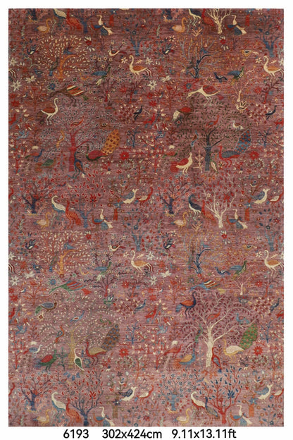 302 x 424 cm | Pink Birds Area Rug Afghan Hand Knotted Veg Dye Wool carpet