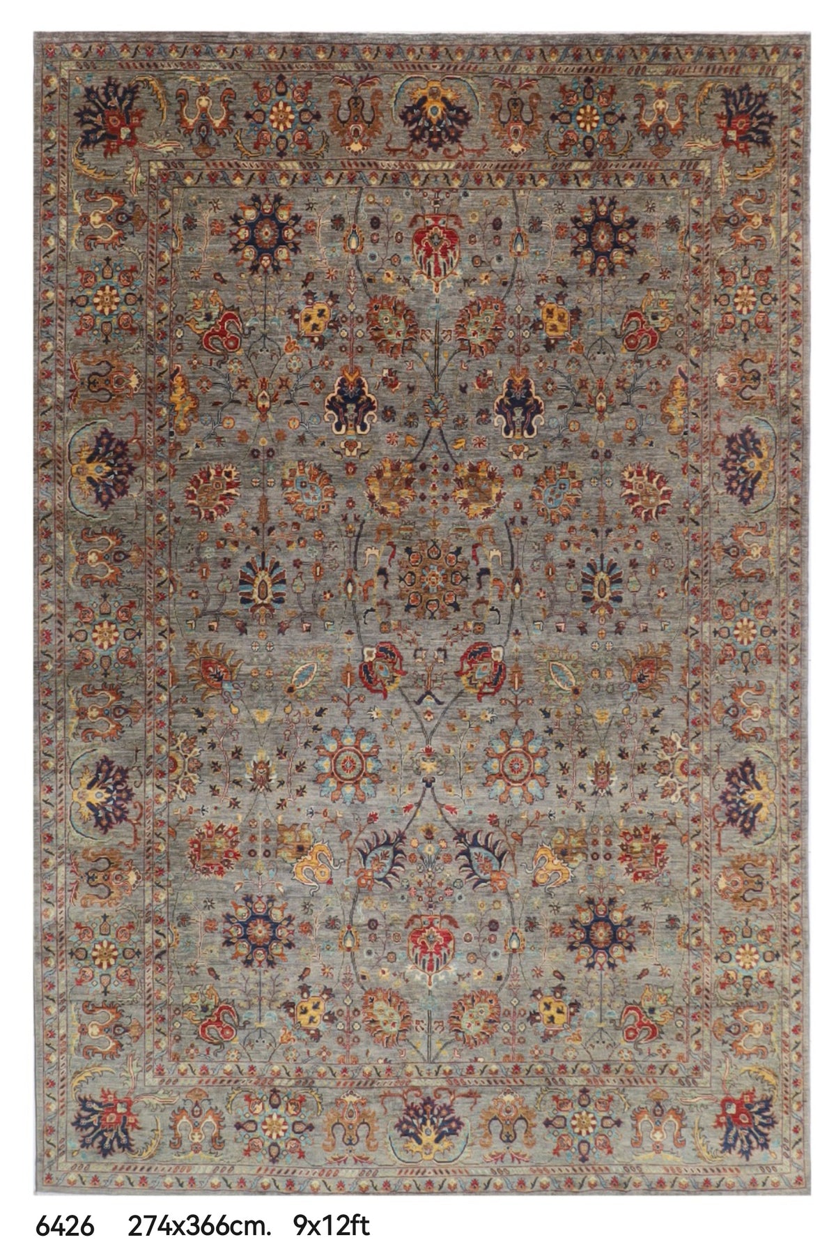 274 x 366 cm | Sultani Gray Design Hand Knotted veg Dye Wool Afghan Carpet