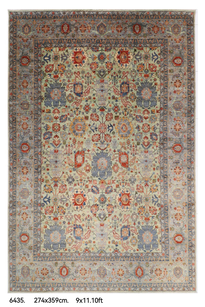 274 x 359 cm | Serapi Olive Green Design Hand Knotted veg Dye Wool Afghan Carpet