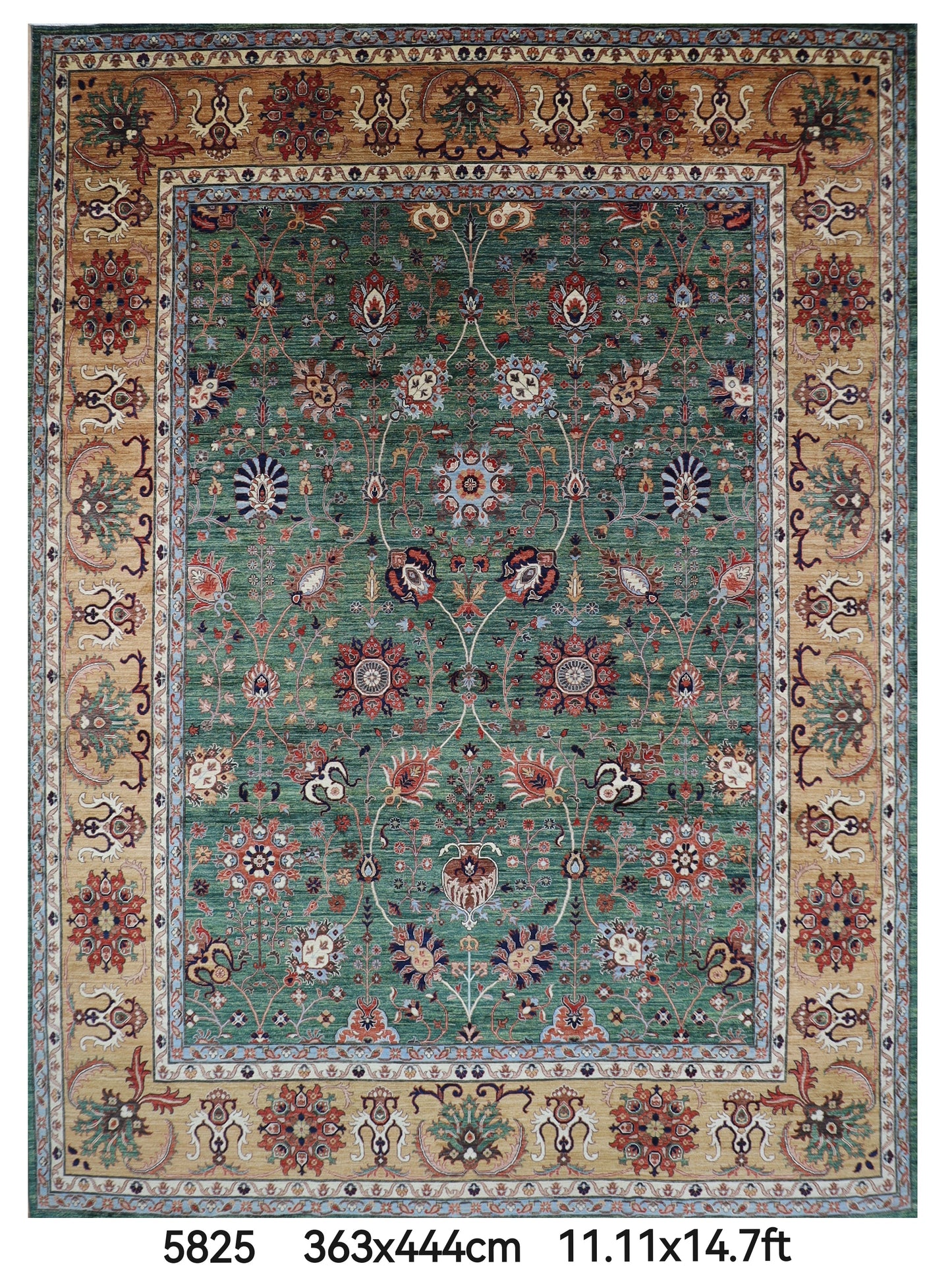 363 x 444 cm | Oriental Large Floral Green Area Rug Afghan Hand Knotted Veg Dye Wool carpet