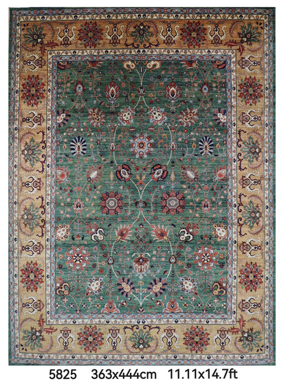 363 x 444 cm | Oriental Large Floral Green Area Rug Afghan Hand Knotted Veg Dye Wool carpet