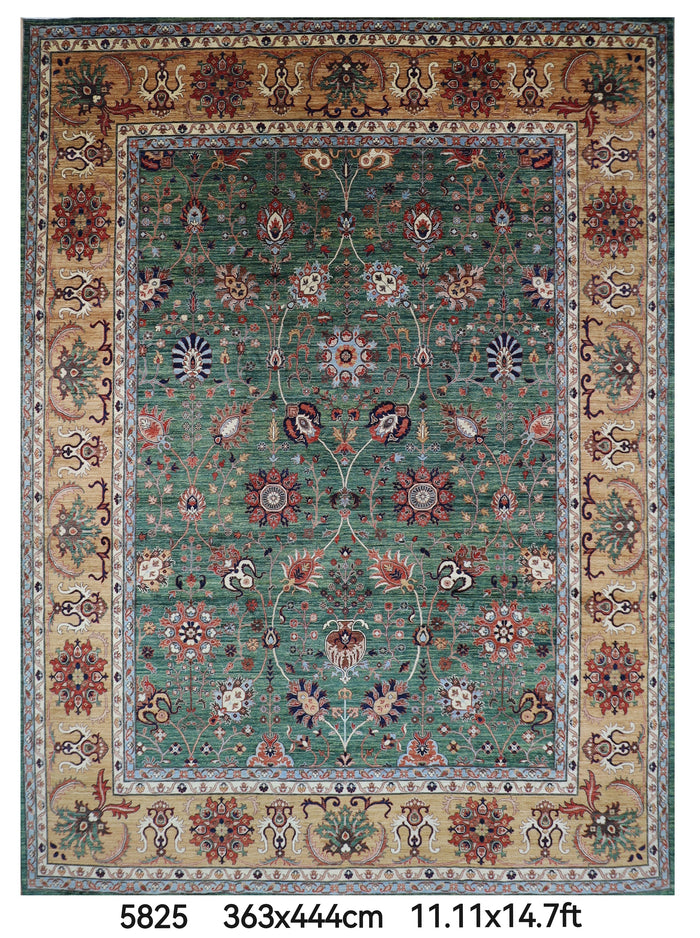 363 x 444 cm | Oriental Large Floral Green Area Rug Afghan Hand Knotted Veg Dye Wool carpet