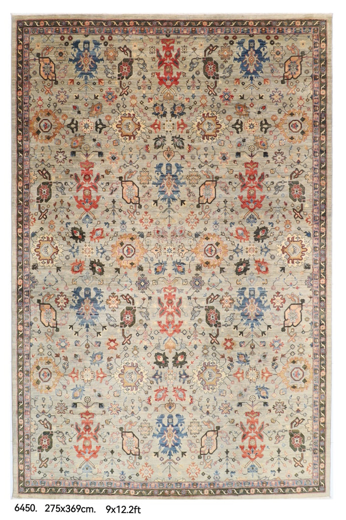 275 x 369 cm | Serapi Gray Design Hand Knotted veg Dye Wool Afghan Carpet