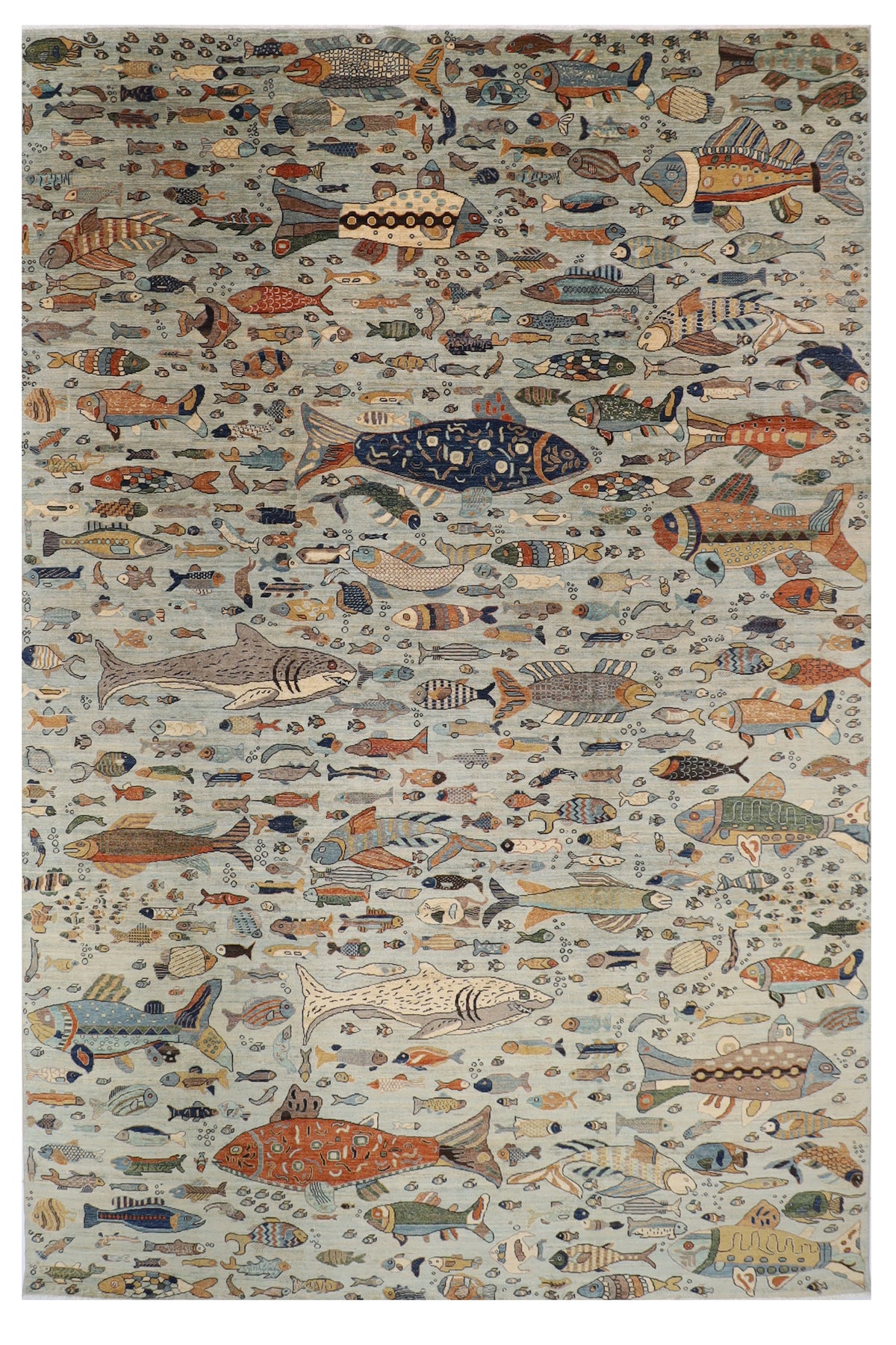 303 x 421 cm | Fish Party Design Hand Knotted Wool Afghan Carpet