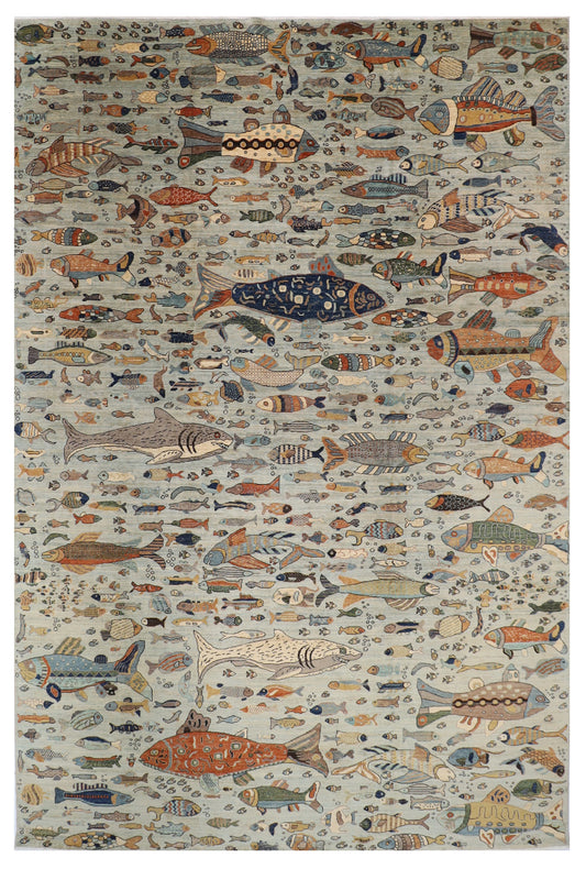 303 x 421 cm | Fish Party Design Hand Knotted Wool Afghan Carpet