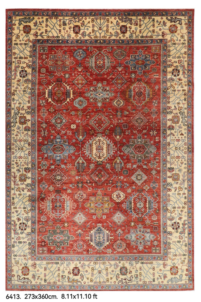 273 x 360 cm | Waziri design Hand Knotted veg Dye Wool Afghan Carpet