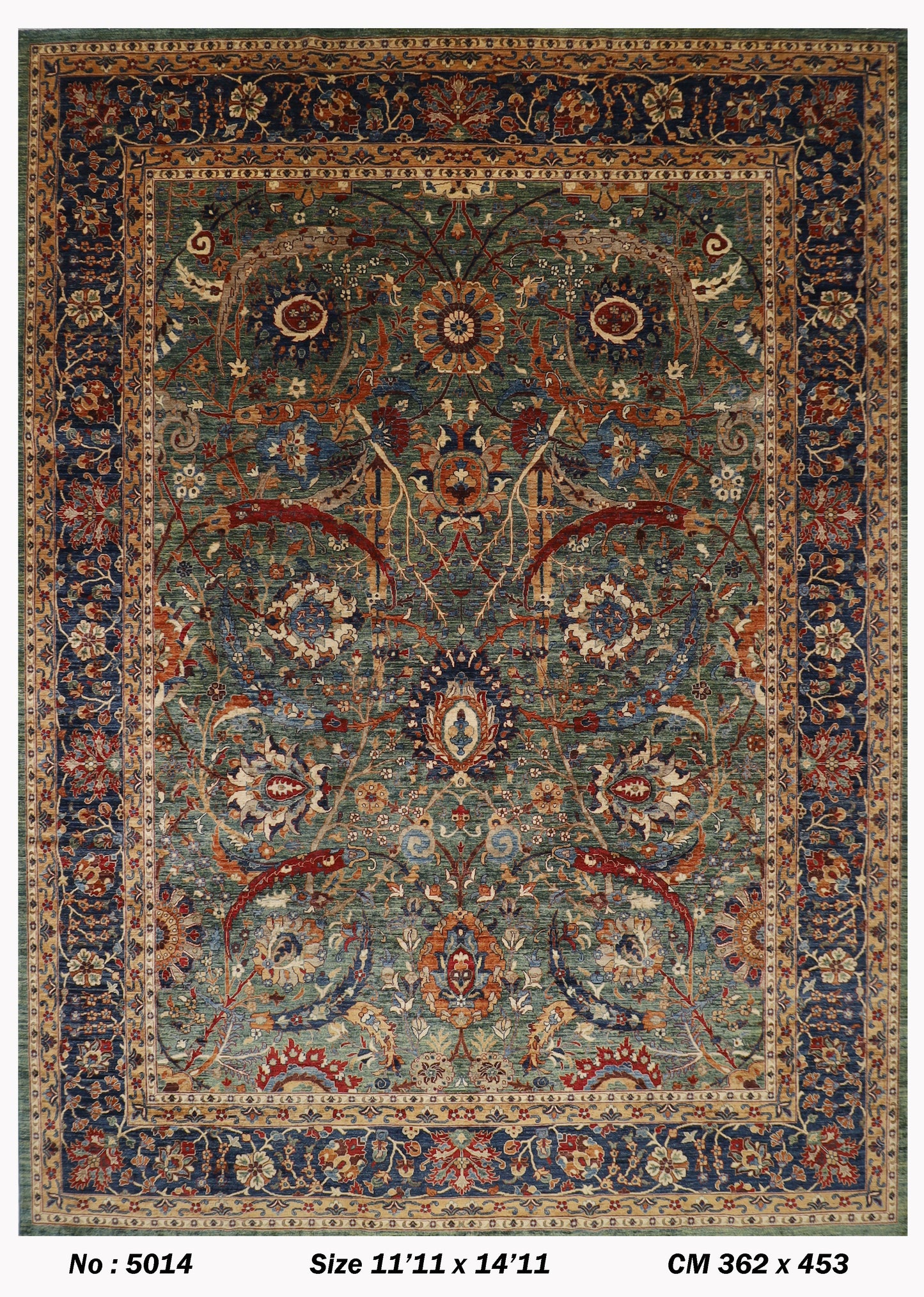 362 x 453 cm | Floral Green Tribal large Area Rug Afghan Hand Knotted veg Dye Wool carpet