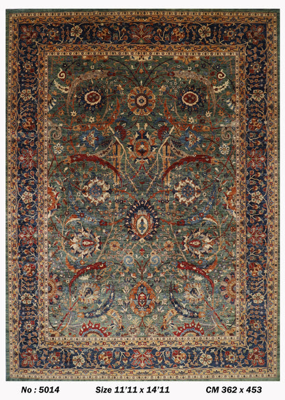362 x 453 cm | Floral Green Tribal large Area Rug Afghan Hand Knotted veg Dye Wool carpet