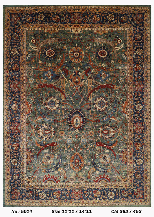 362 x 453 cm | Floral Green Tribal large Area Rug Afghan Hand Knotted veg Dye Wool carpet