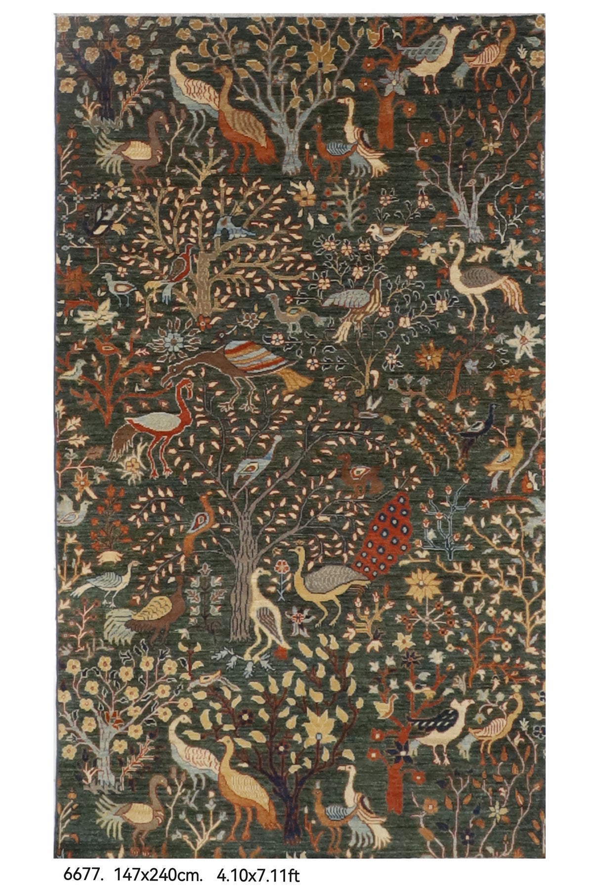 147 x 240 cm | Birds Green Hand Knotted Wool Afghan Carpet