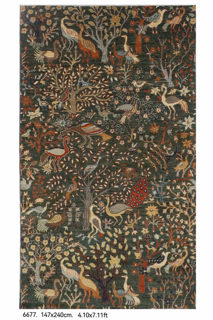 147 x 240 cm | Birds Green Hand Knotted Wool Afghan Carpet