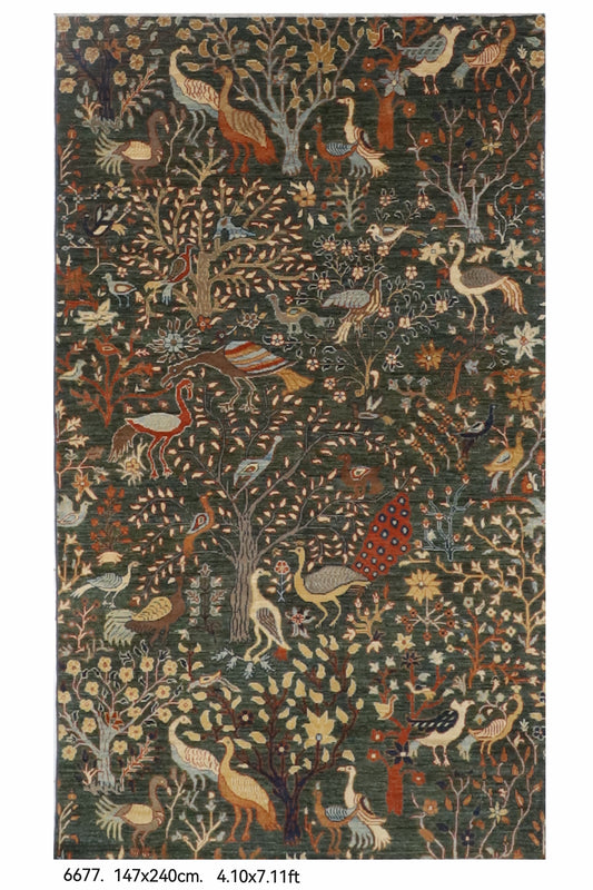 147 x 240 cm | Birds Green Hand Knotted Wool Afghan Carpet