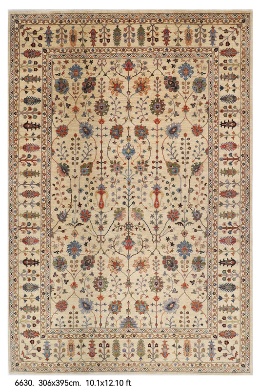 306 x 395 cm | Sultani beige Design Hand Knotted Wool Afghan Carpet