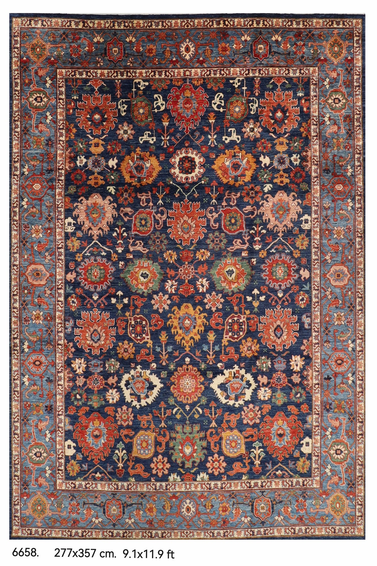 277 x 357 cm | Serapi Blue Design Hand Knotted Wool Afghan Carpet