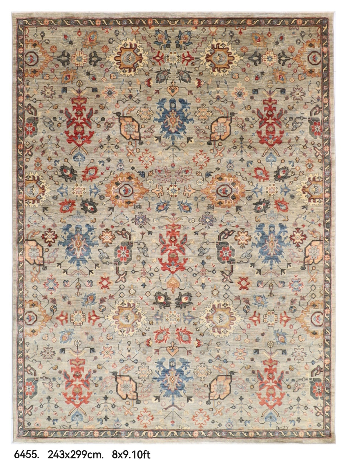 243 x 299 cm | Serapi Gray Design Hand Knotted veg Dye Wool Afghan Carpet
