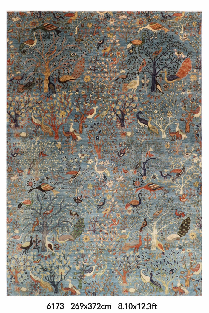 269 x 372 cm | Birds Blue Area Rug Afghan Hand Knotted Veg Dye Wool carpet