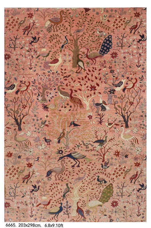 203 x 298 cm | Birds Pink Hand Knotted Wool Afghan Carpet
