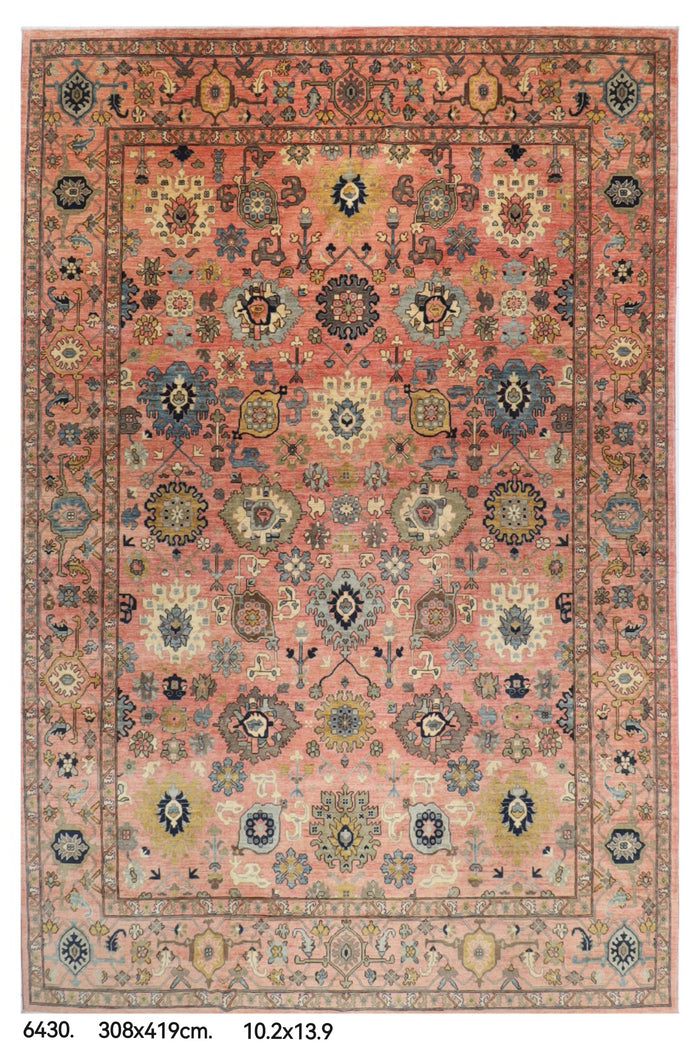 308 x 419 cm | Serapi Pink Design Hand Knotted veg Dye Wool Afghan Carpet