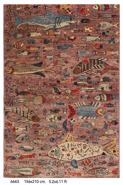 156 x 210 cm | Fish Design Hand Knotted Wool Afghan Carpet