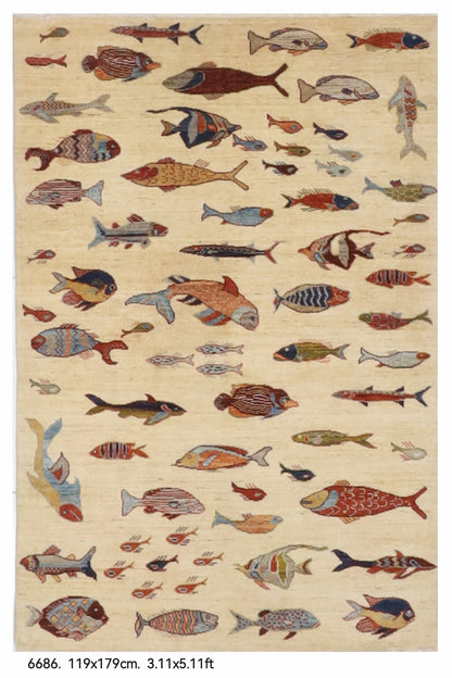 119 x 179 cm | Fish Beige Design Hand Knotted Wool Afghan Carpet