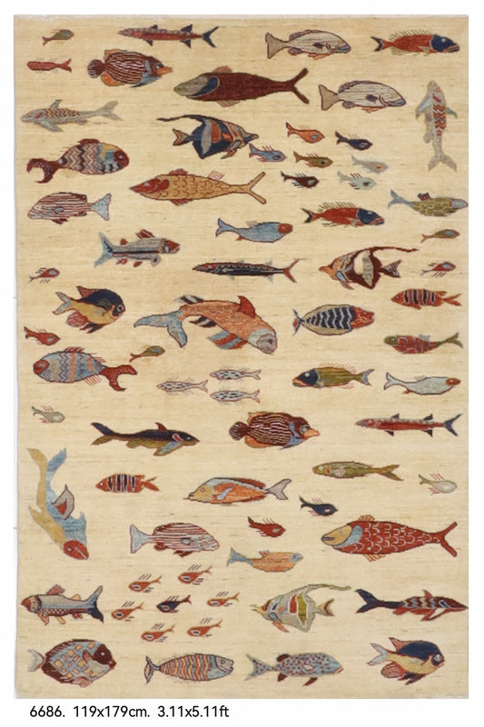 119 x 179 cm | Fish Beige Design Hand Knotted Wool Afghan Carpet