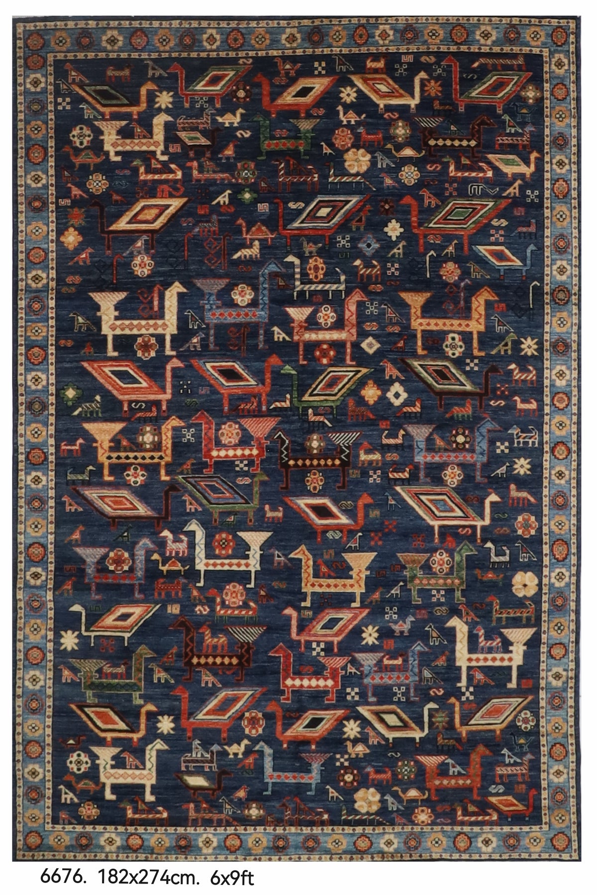 182 x 274 cm | Birds Navy Blue Hand Knotted Wool Afghan Carpet