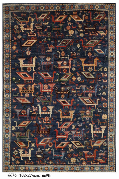 182 x 274 cm | Birds Navy Blue Hand Knotted Wool Afghan Carpet