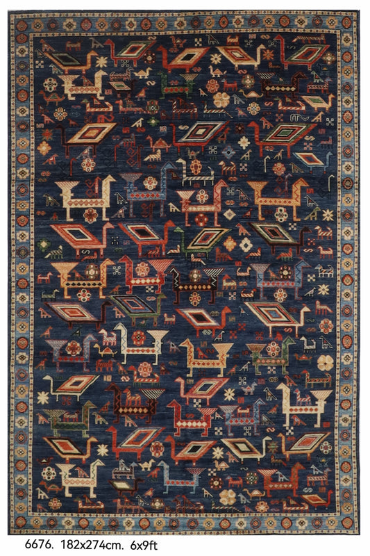 182 x 274 cm | Birds Navy Blue Hand Knotted Wool Afghan Carpet