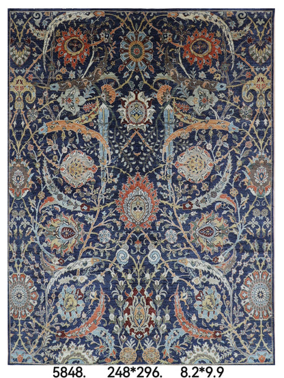 248 x 296 cm | Floral Blue Area Rug Afghan Hand Knotted Veg Dye Wool carpet