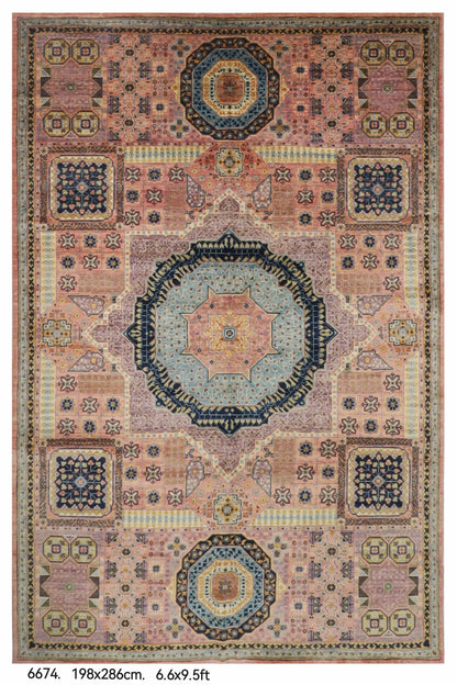 198 x 286 cm | Mamluk Pink Hand Knotted Wool Afghan Carpet