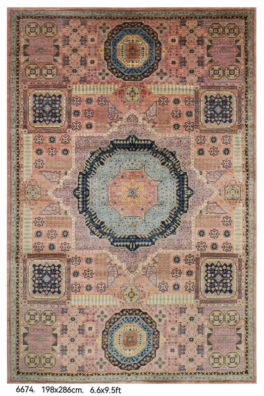 198 x 286 cm | Mamluk Pink Hand Knotted Wool Afghan Carpet