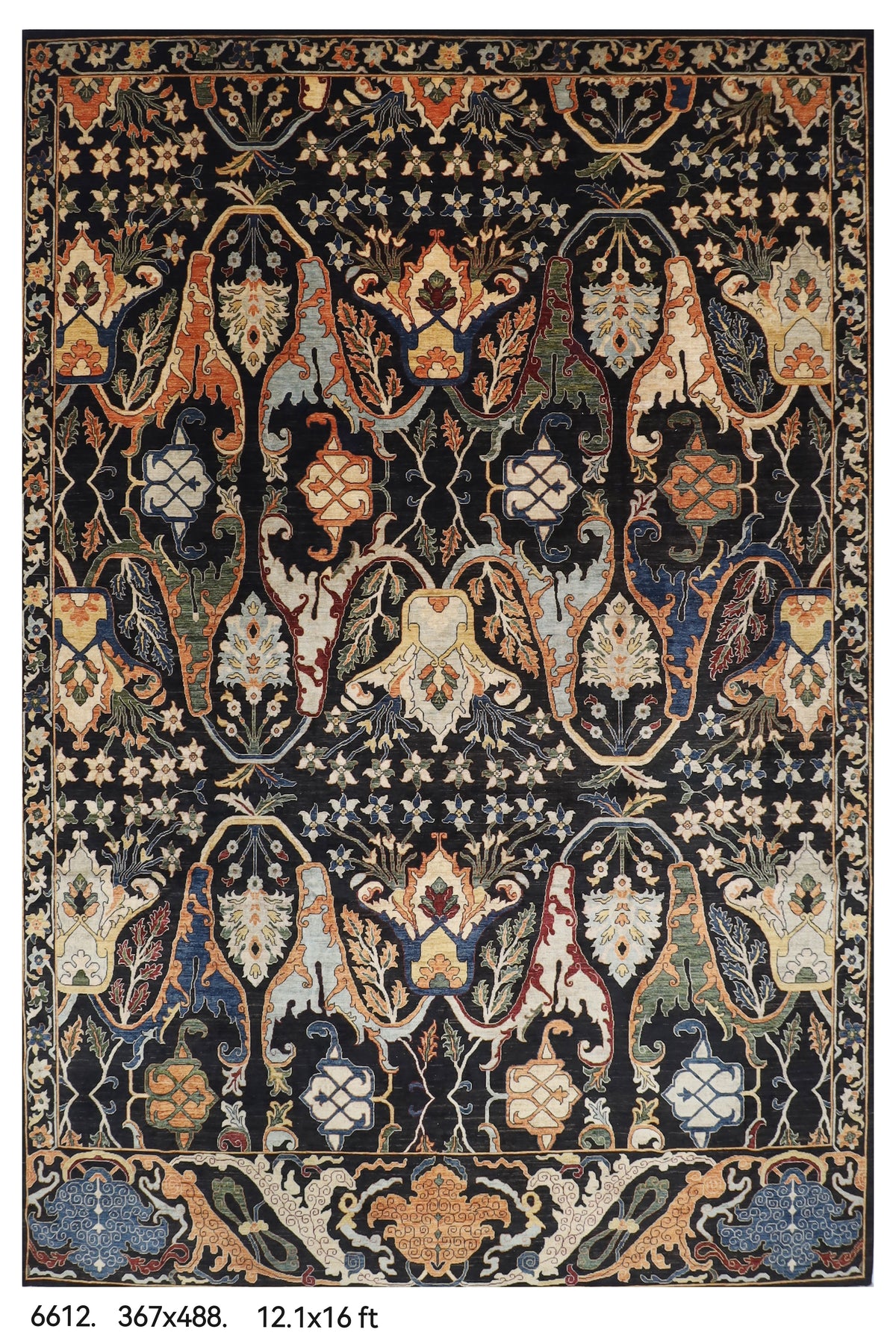 367 x 488 cm | kawros Black Design Hand Knotted Wool Afghan Carpet