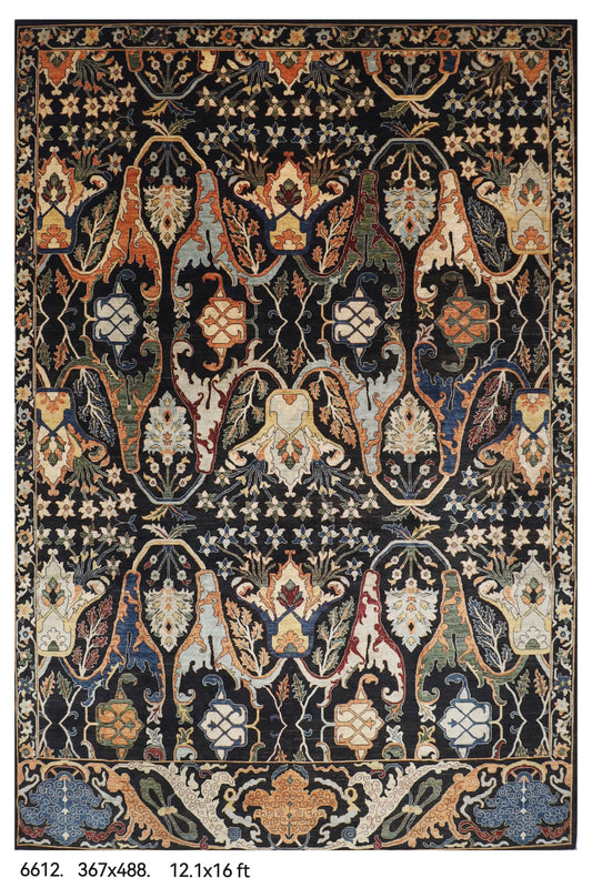 367 x 488 cm | kawros Black Design Hand Knotted Wool Afghan Carpet