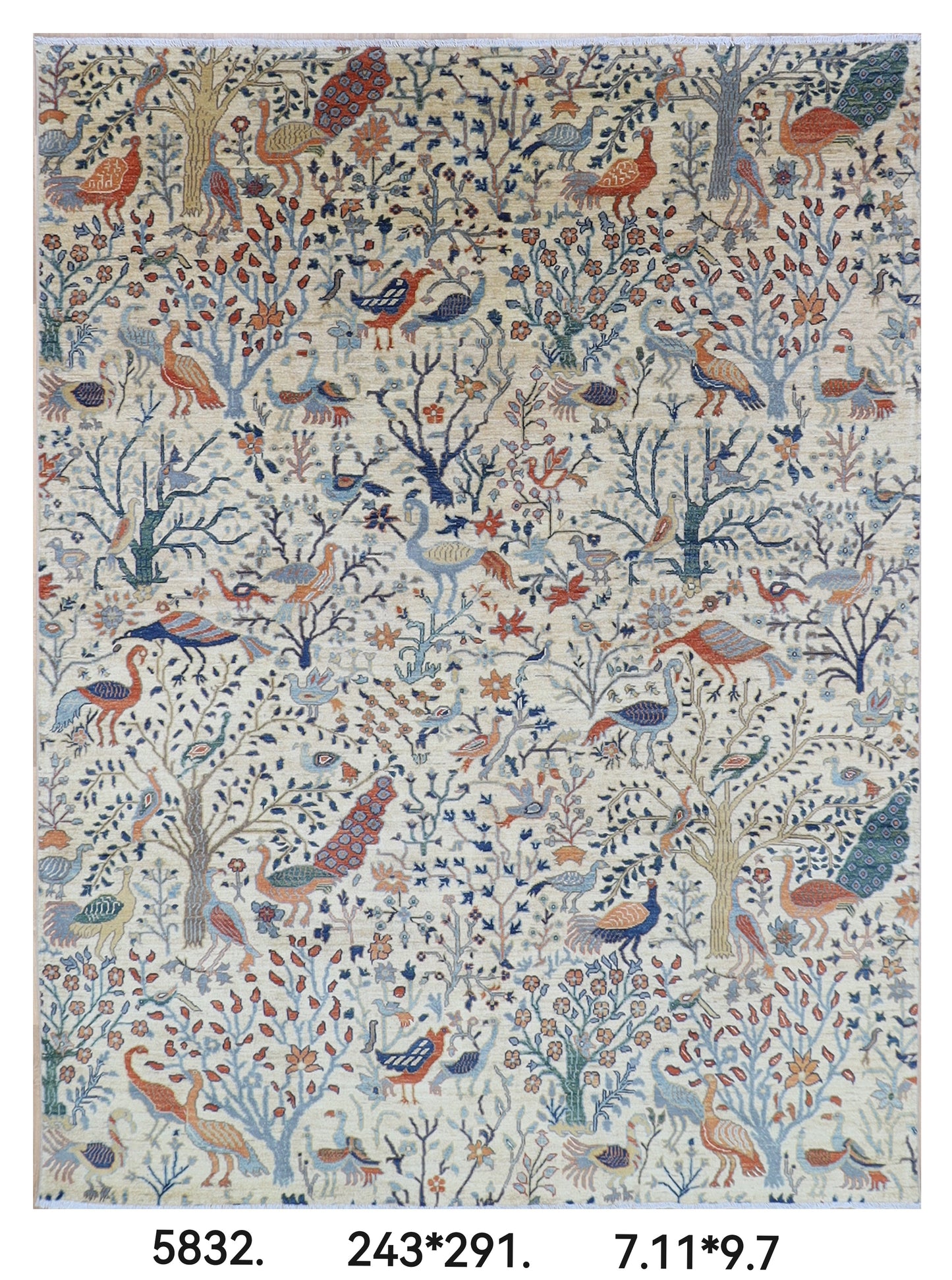 243 x 291 cm | Beige Birds Area Rug Afghan Hand Knotted Veg Dye Wool carpet