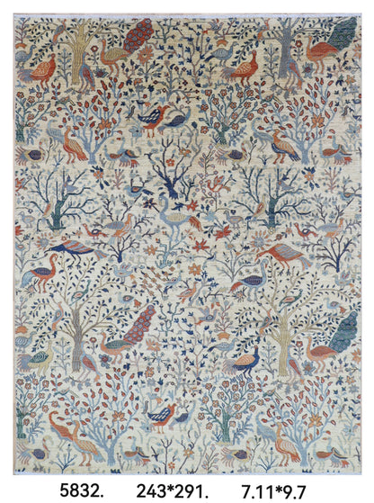 243 x 291 cm | Beige Birds Area Rug Afghan Hand Knotted Veg Dye Wool carpet