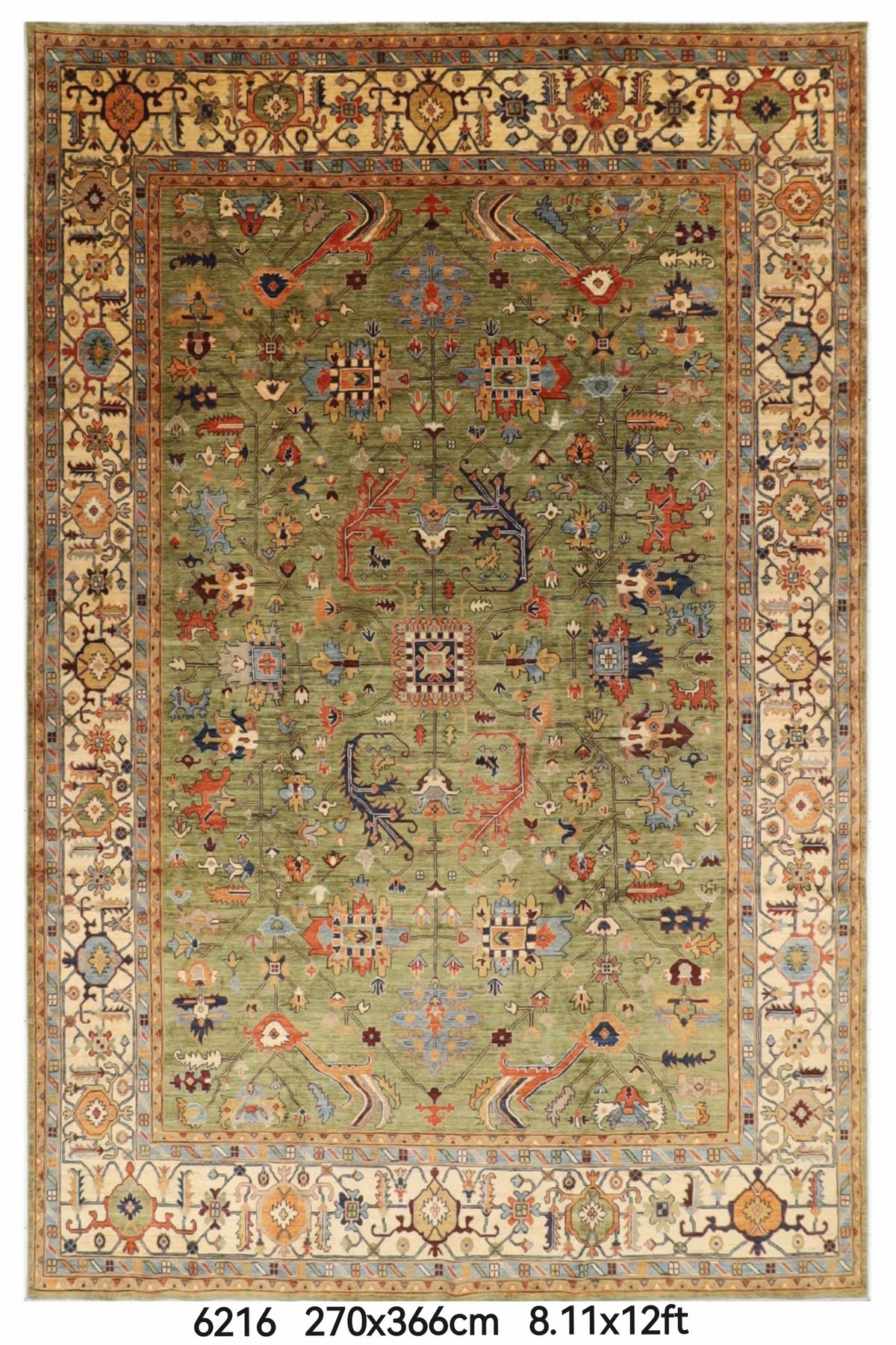 270 x 366 cm | Green Tribal Afghan Veg Dye Wool carpet