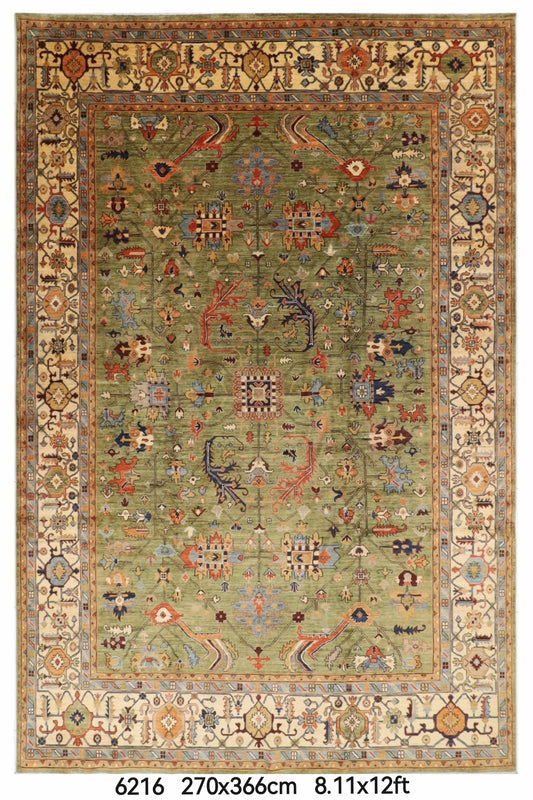 270 x 366 cm | Green Tribal Afghan Veg Dye Wool carpet
