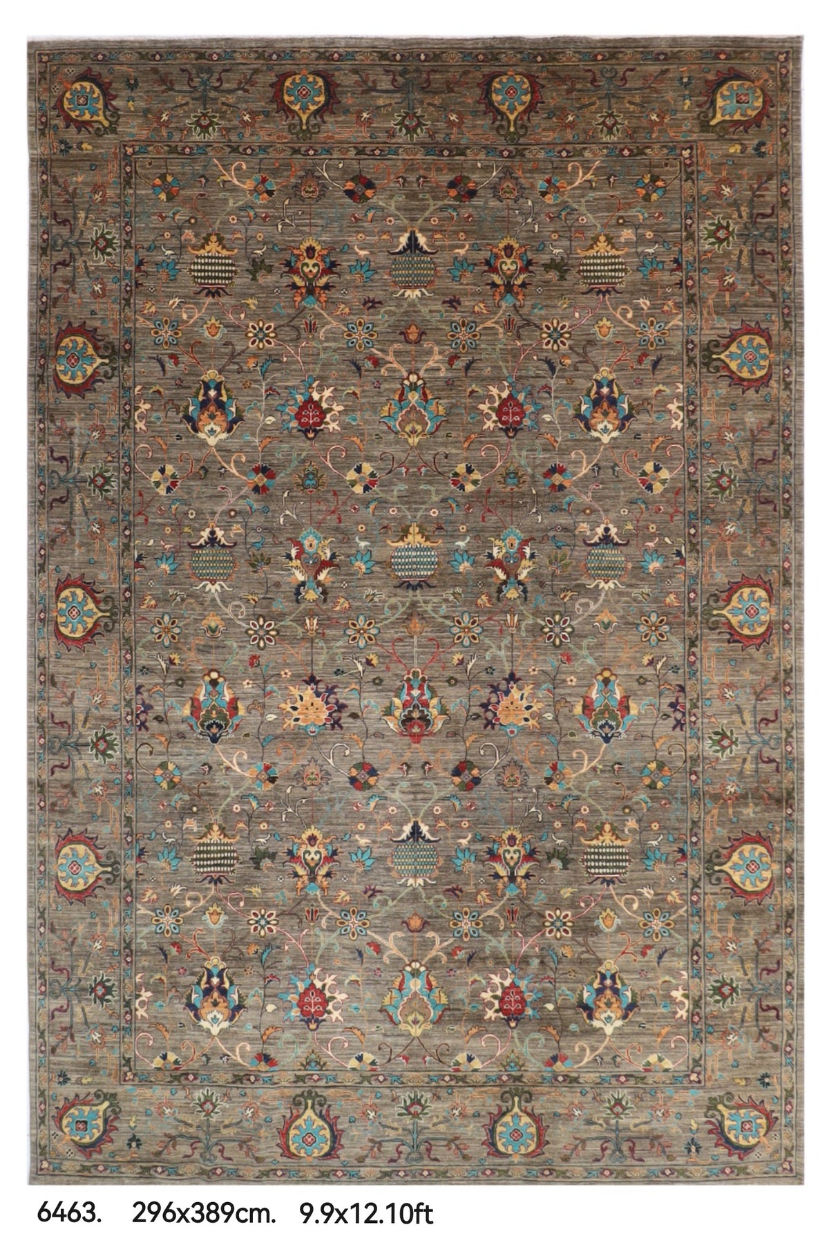 296 x 389 cm | Sultani Gray Design Hand Knotted veg Dye Wool Afghan Carpet