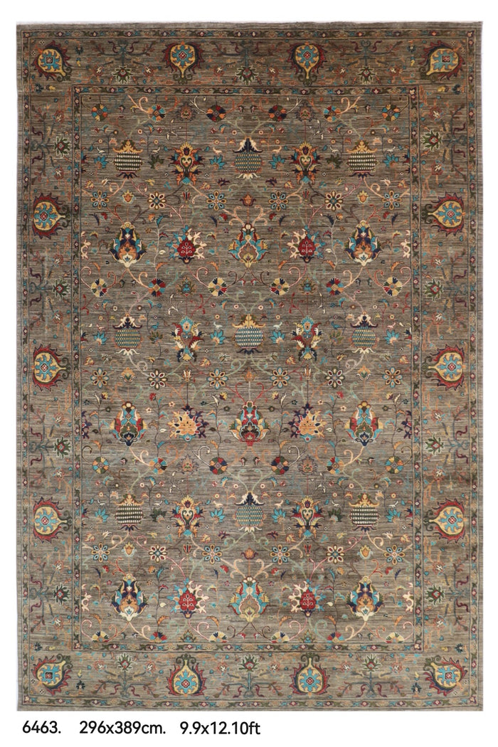 296 x 389 cm | Sultani Gray Design Hand Knotted veg Dye Wool Afghan Carpet