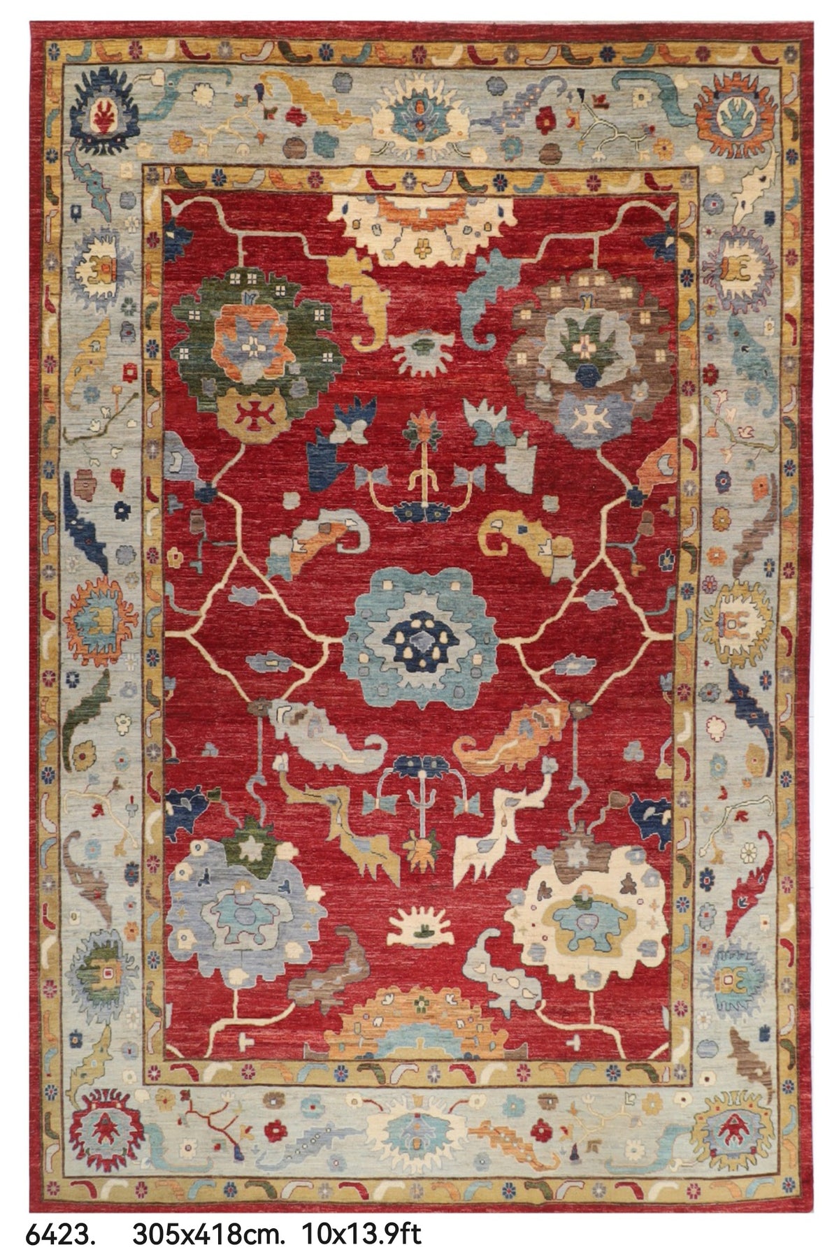 305 x 418 cm | Oushak Red Design Hand Knotted veg Dye Wool Afghan Carpet