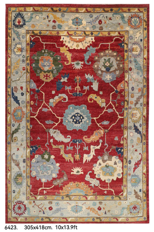 305 x 418 cm | Oushak Red Design Hand Knotted veg Dye Wool Afghan Carpet