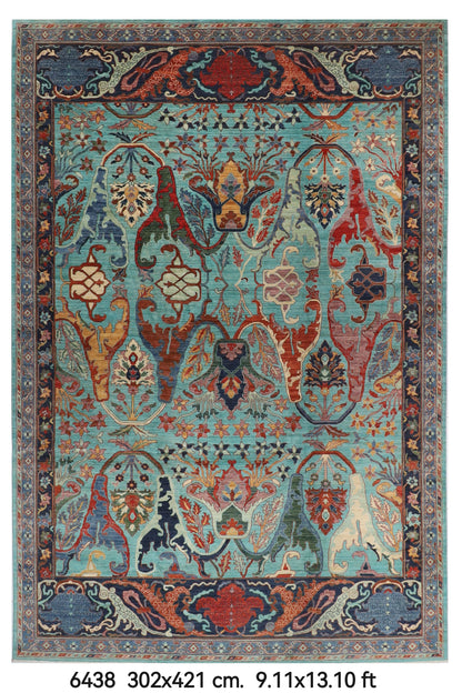 302 x 421 cm | kawros Turquoise Design Hand Knotted veg Dye Wool Afghan Carpet