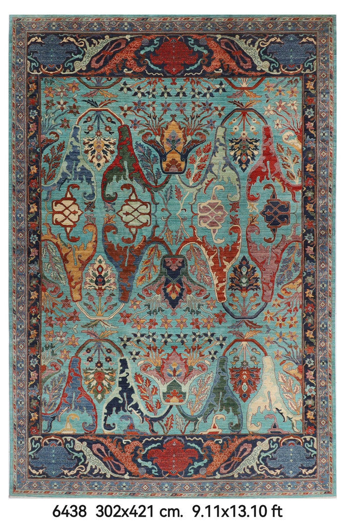 302 x 421 cm | kawros Turquoise Design Hand Knotted veg Dye Wool Afghan Carpet