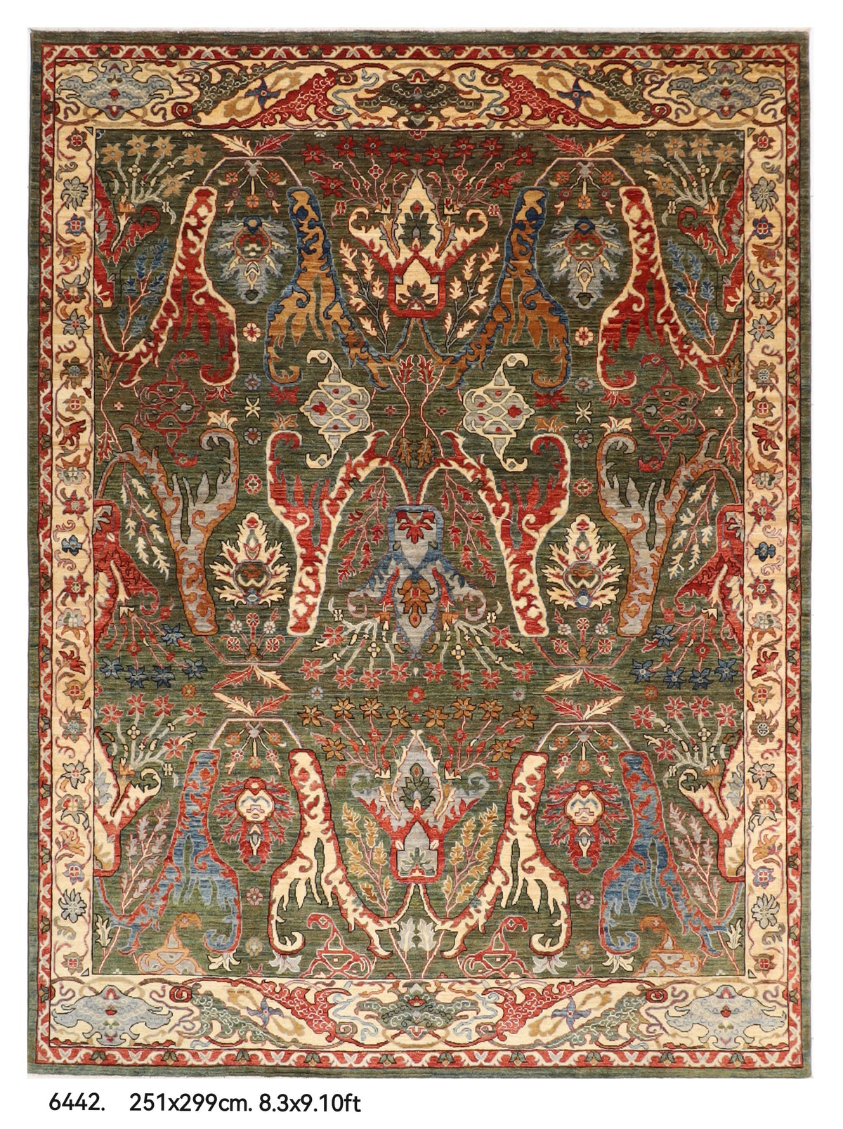 251 x 299 cm | Kawros Green Design Hand Knotted veg Dye Wool Afghan Carpet