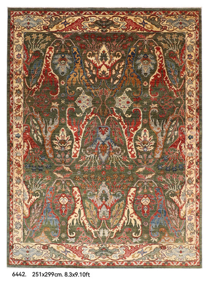 251 x 299 cm | Kawros Green Design Hand Knotted veg Dye Wool Afghan Carpet
