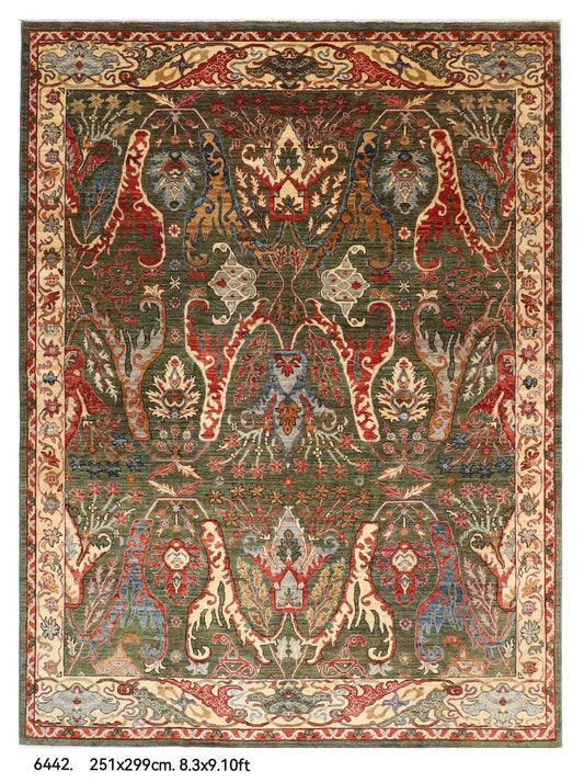 251 x 299 cm | Kawros Green Design Hand Knotted veg Dye Wool Afghan Carpet