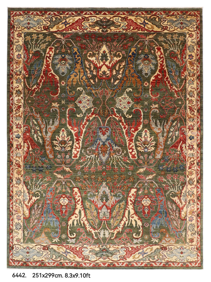 251 x 299 cm | Kawros Green Design Hand Knotted veg Dye Wool Afghan Carpet