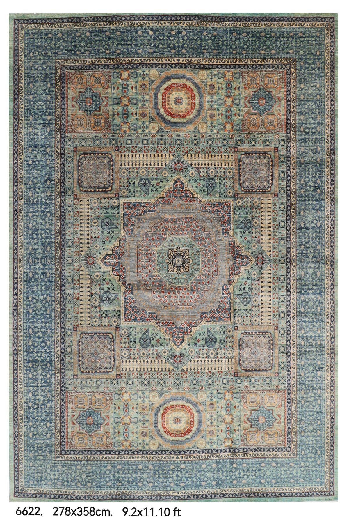 278 x 358 cm | Mamluk Blue Design Hand Knotted Wool Afghan Carpet
