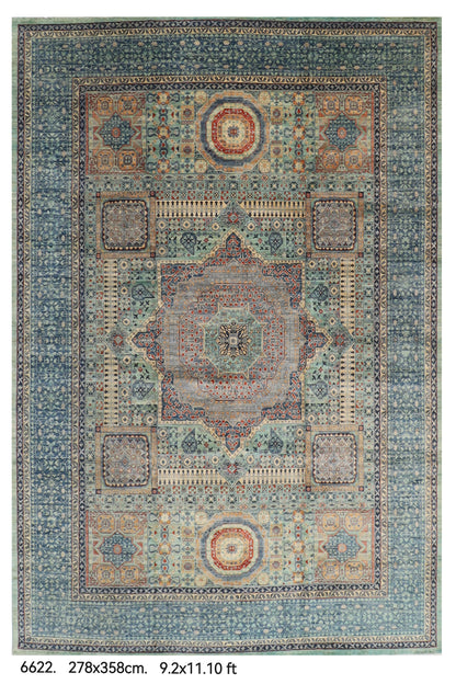 278 x 358 cm | Mamluk Blue Design Hand Knotted Wool Afghan Carpet
